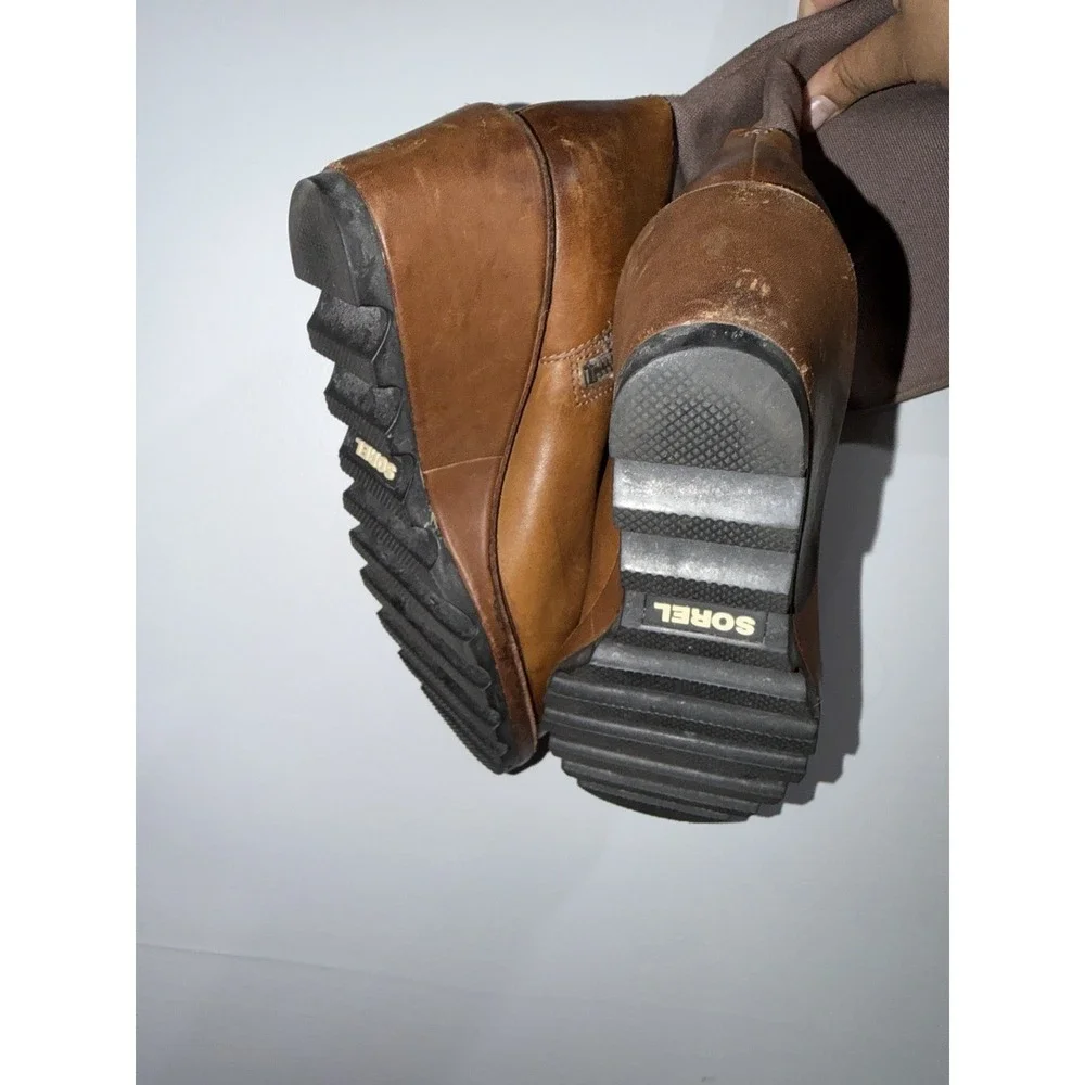 Women's 9.5 Sorel Cool Canvas Boots Brown Leather Knee High Wedge Side Zip‎ Tall